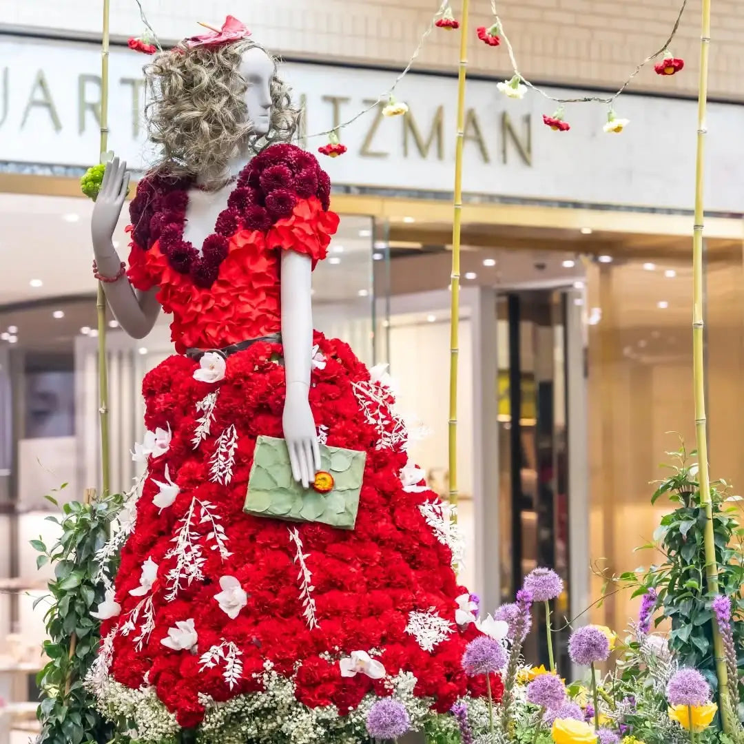Red floral dress designed with fresh flowers by Lizzie Bee’s Flower Shoppe in Richardson, TX