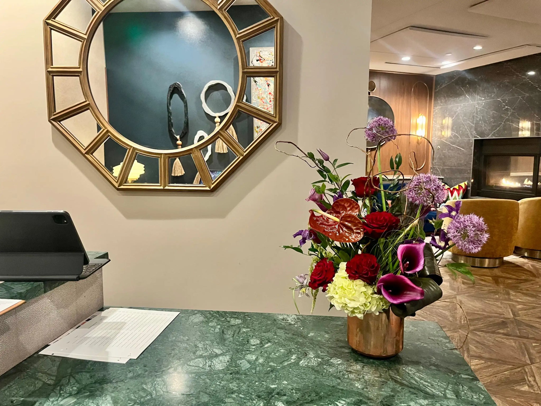 Corporate flower arrangement for a business reception by Lizzie Bee's Flower Shoppe in Richardson, TX
