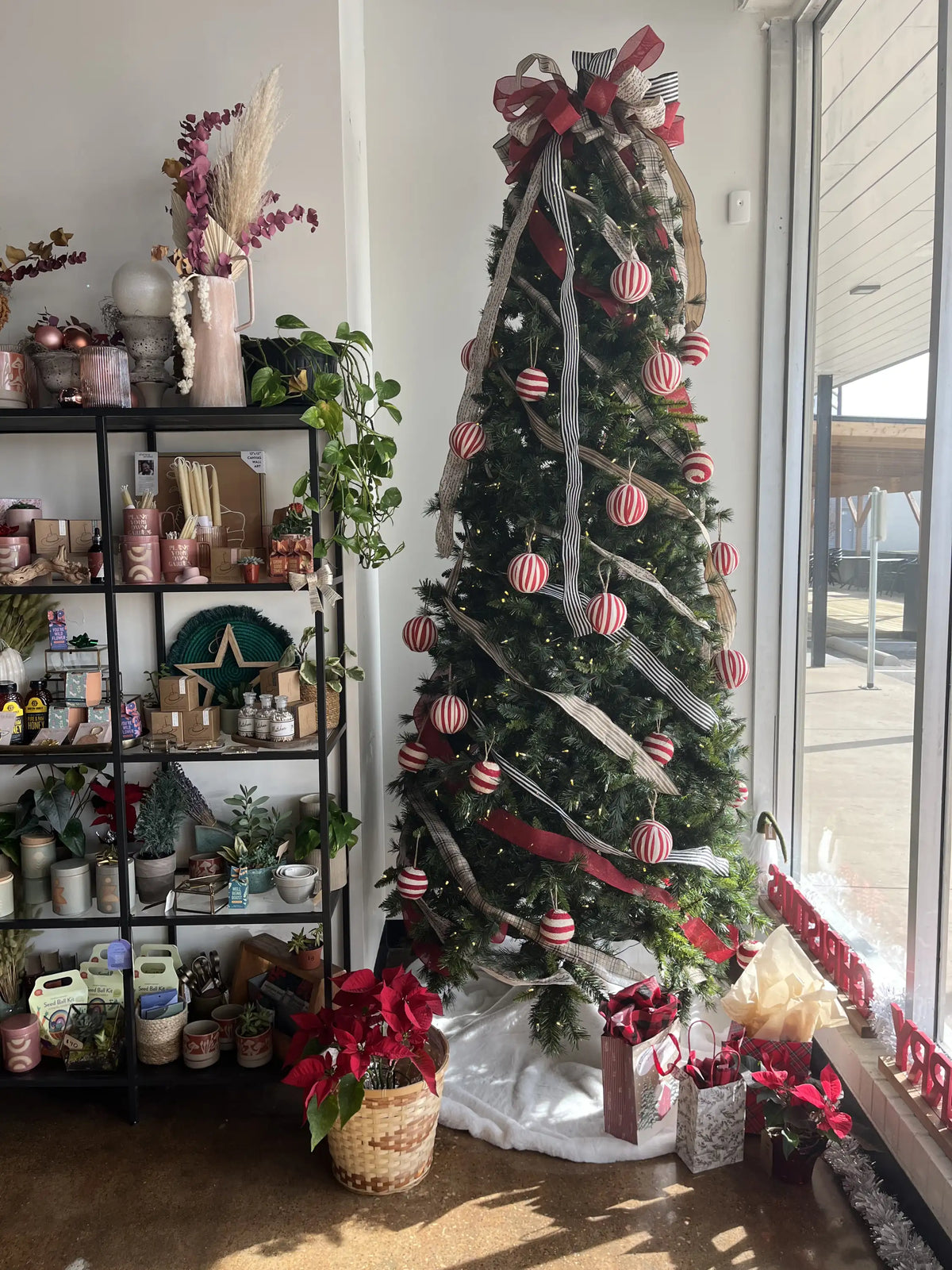 Tall Christmas tree with red and white ornaments and ribbon displayed inside a Richardson, Texas flower shop.