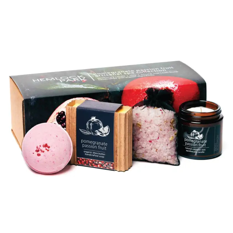 Hemlock Park pomegranate passion fruit bath product set on a white background