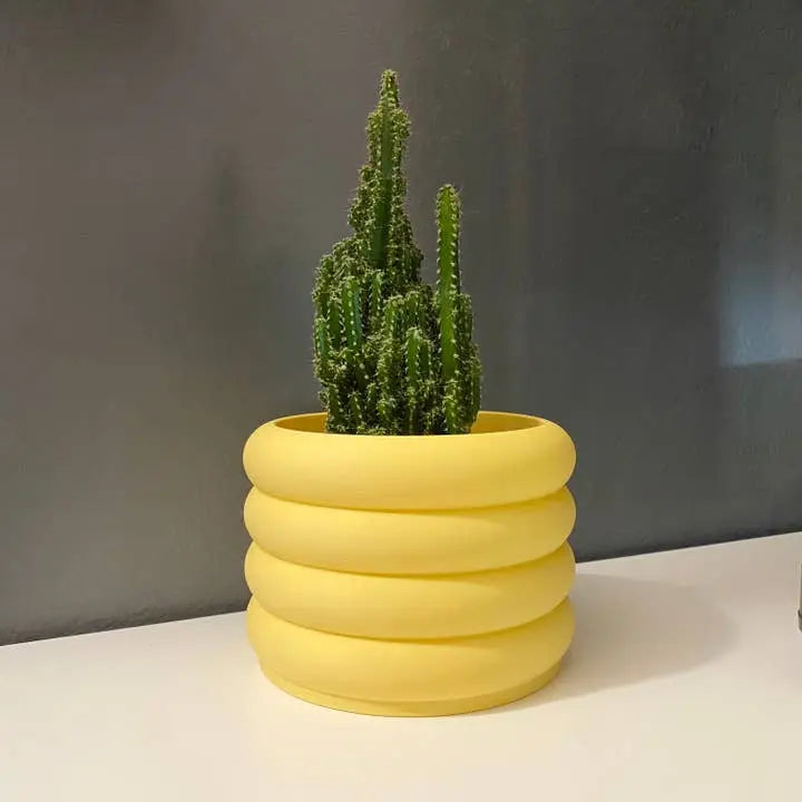 Yellow ribbed planter with a cactus on a gray background