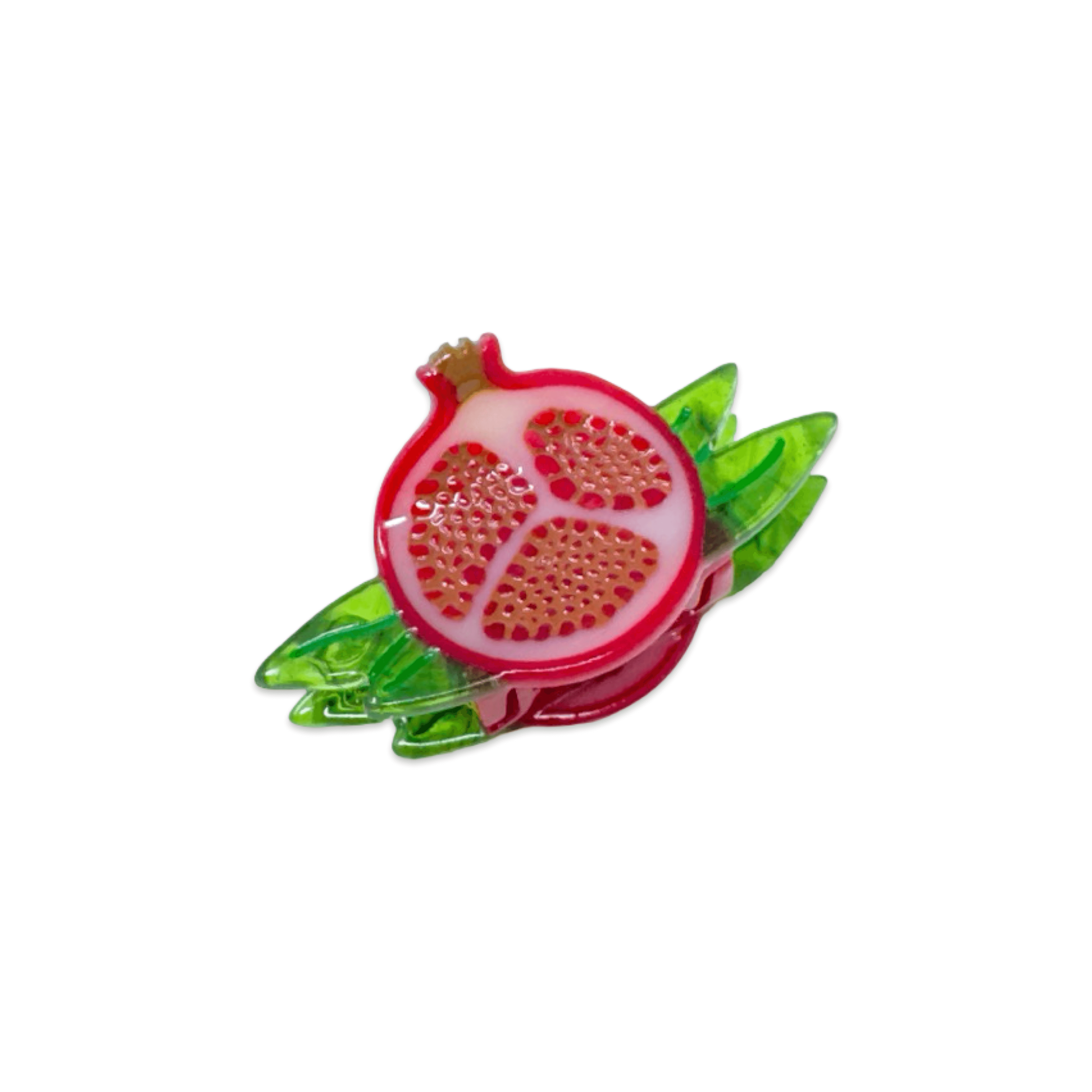 Decorative mini hair clip with pomegranate design on a white background