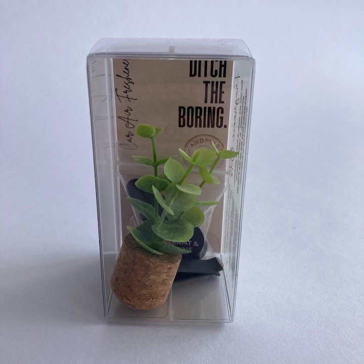 Car Vent Clip Air Freshener Diffuser with cork bottom and succulent top in packaging