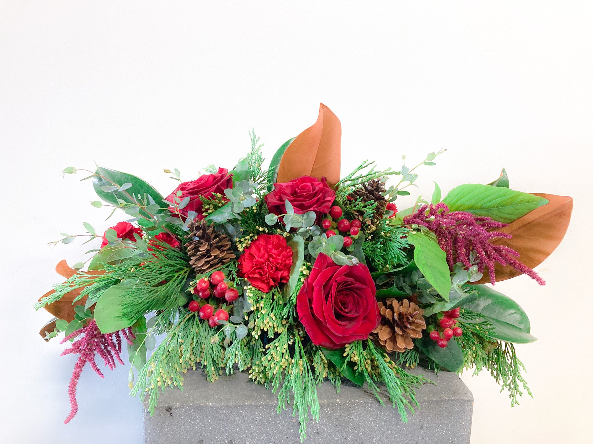 Home For The Holidays Centerpiece - Winter Seasonal Florist Design in Red Tones + Christmas Greens