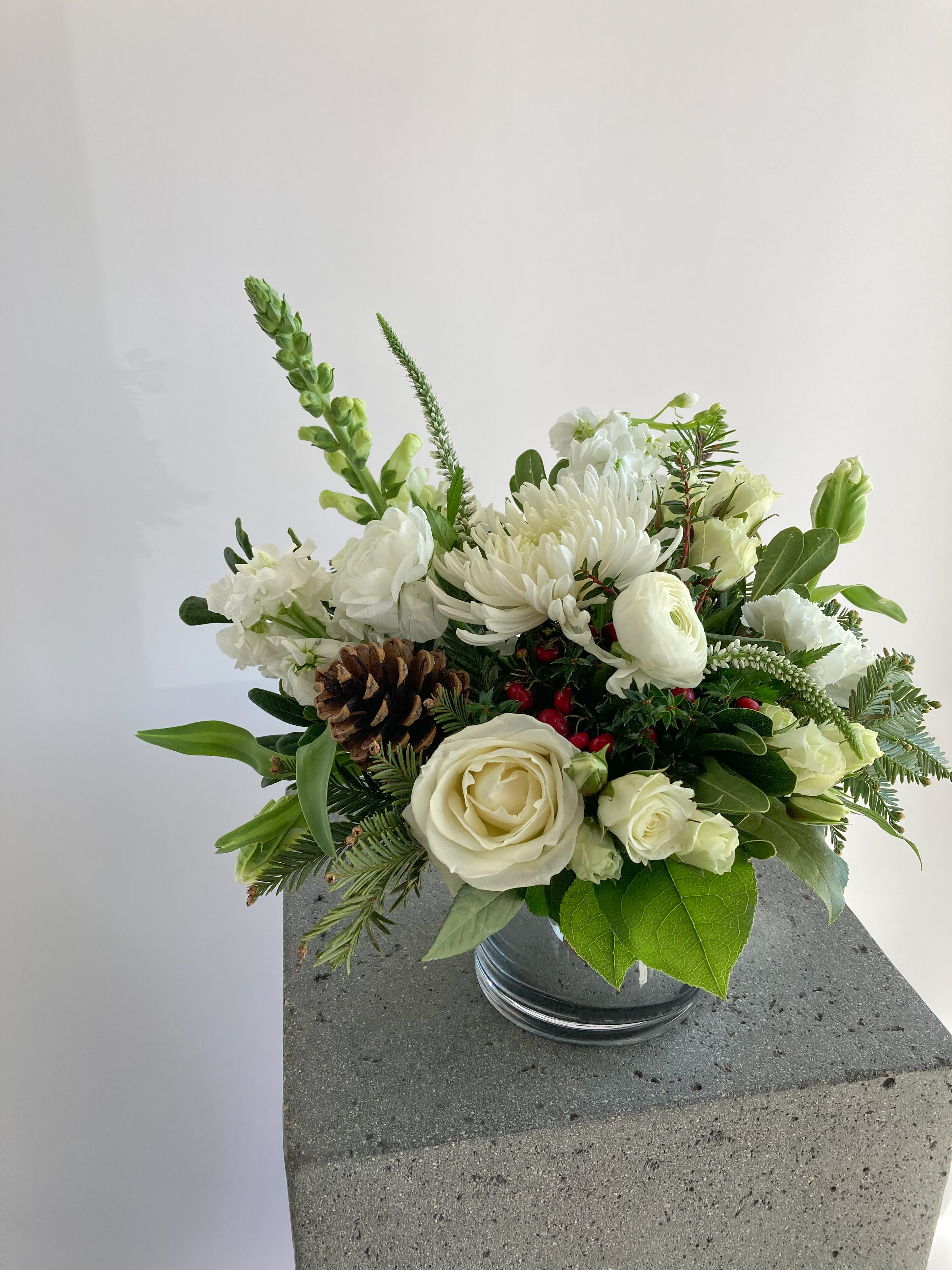 Snowdrop | Winter Seasonal Florist Design in White + Pine Cones