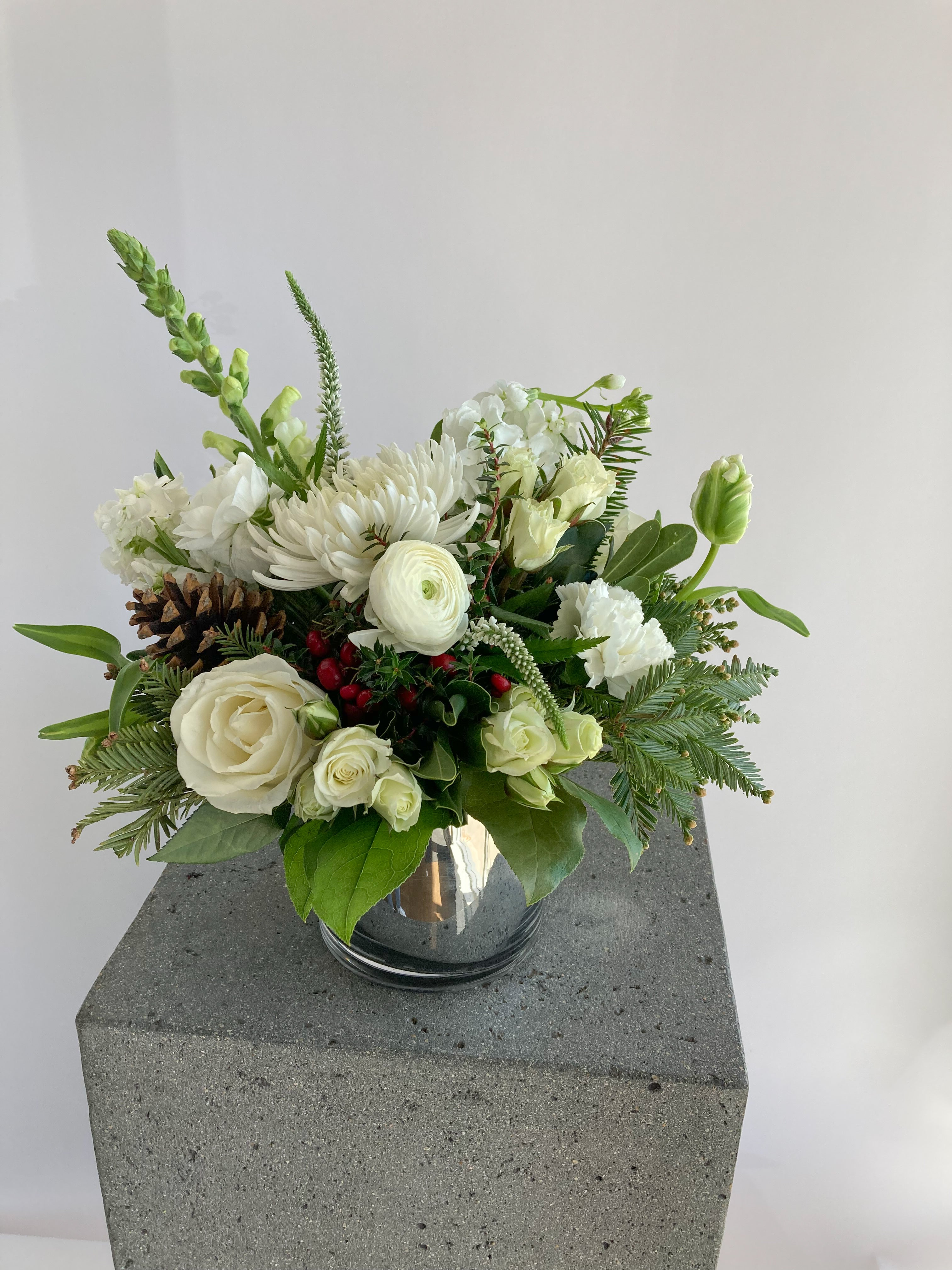 Snowdrop | Winter Seasonal Florist Design in White + Pine Cones