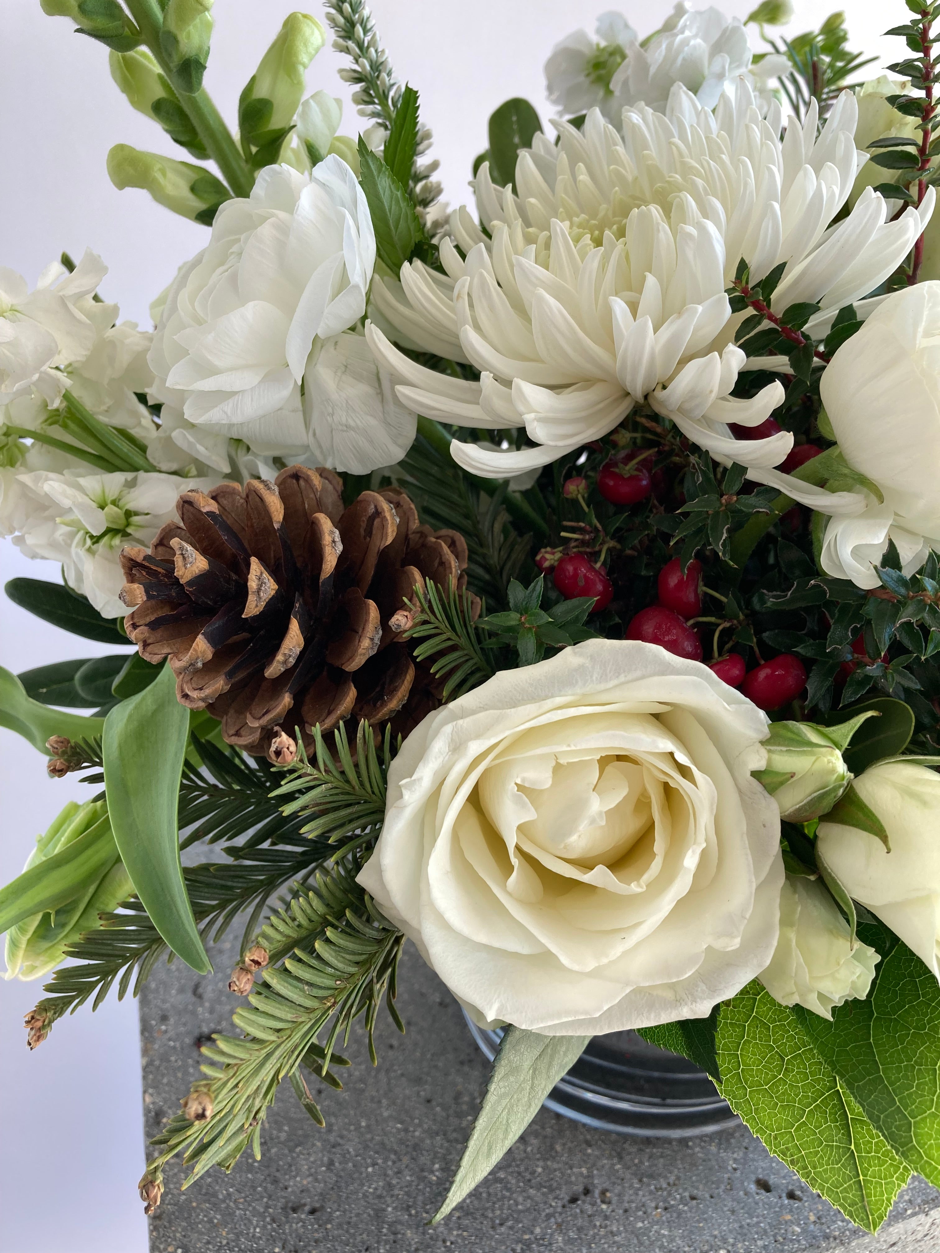 Snowdrop | Winter Seasonal Florist Design in White + Pine Cones