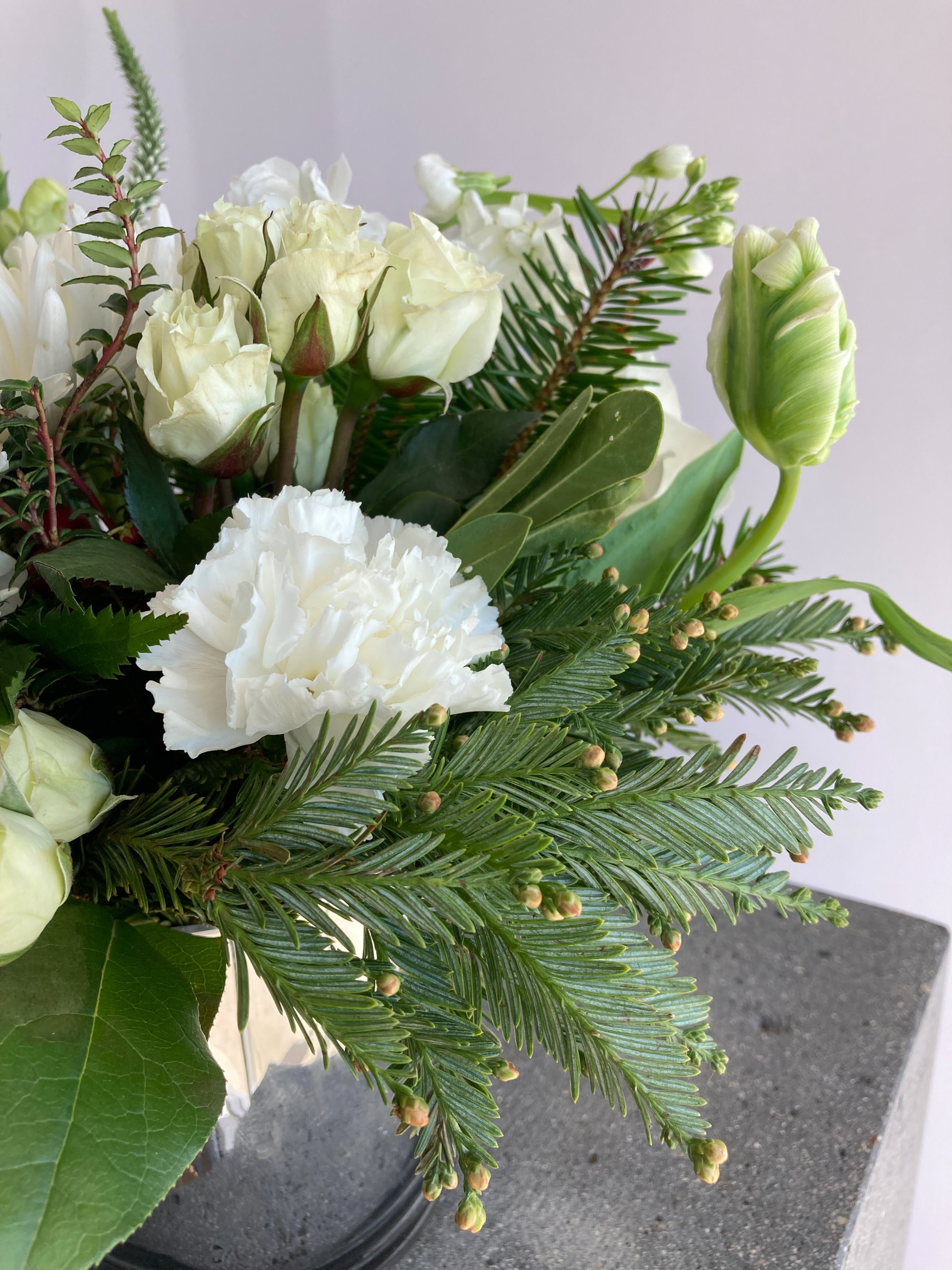 Snowdrop | Winter Seasonal Florist Design in White + Pine Cones