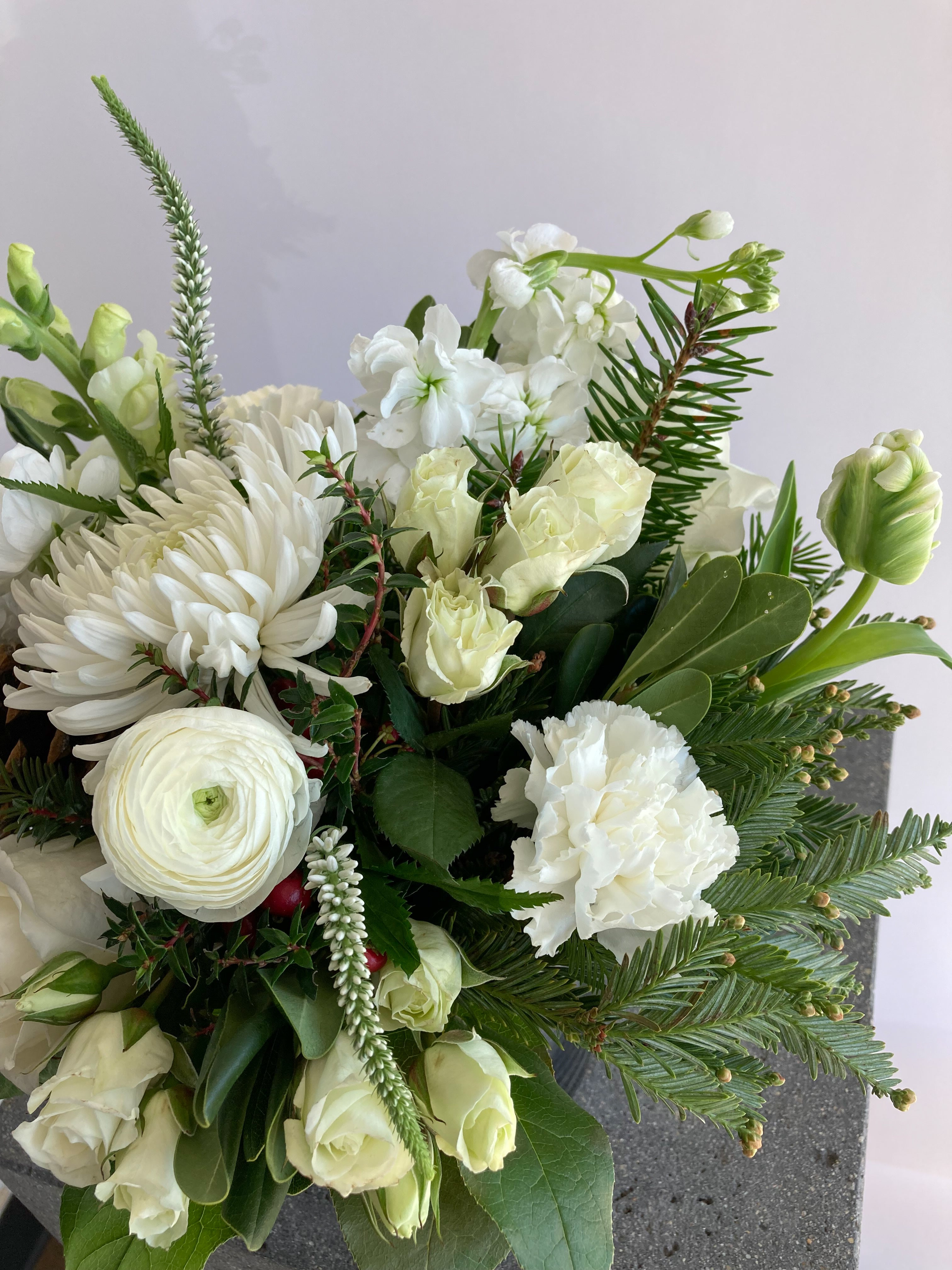 Snowdrop | Winter Seasonal Florist Design in White + Pine Cones