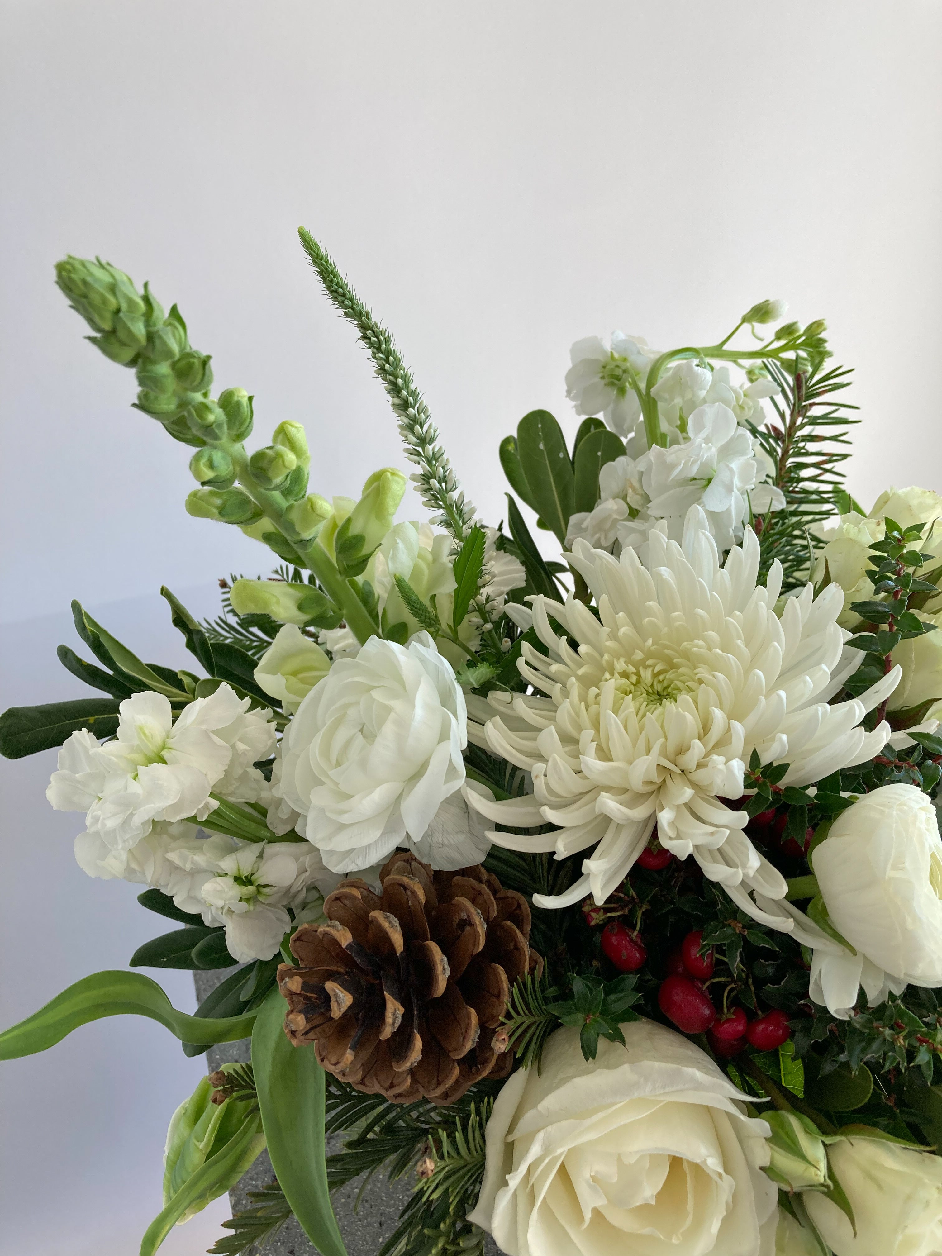 Snowdrop | Winter Seasonal Florist Design in White + Pine Cones