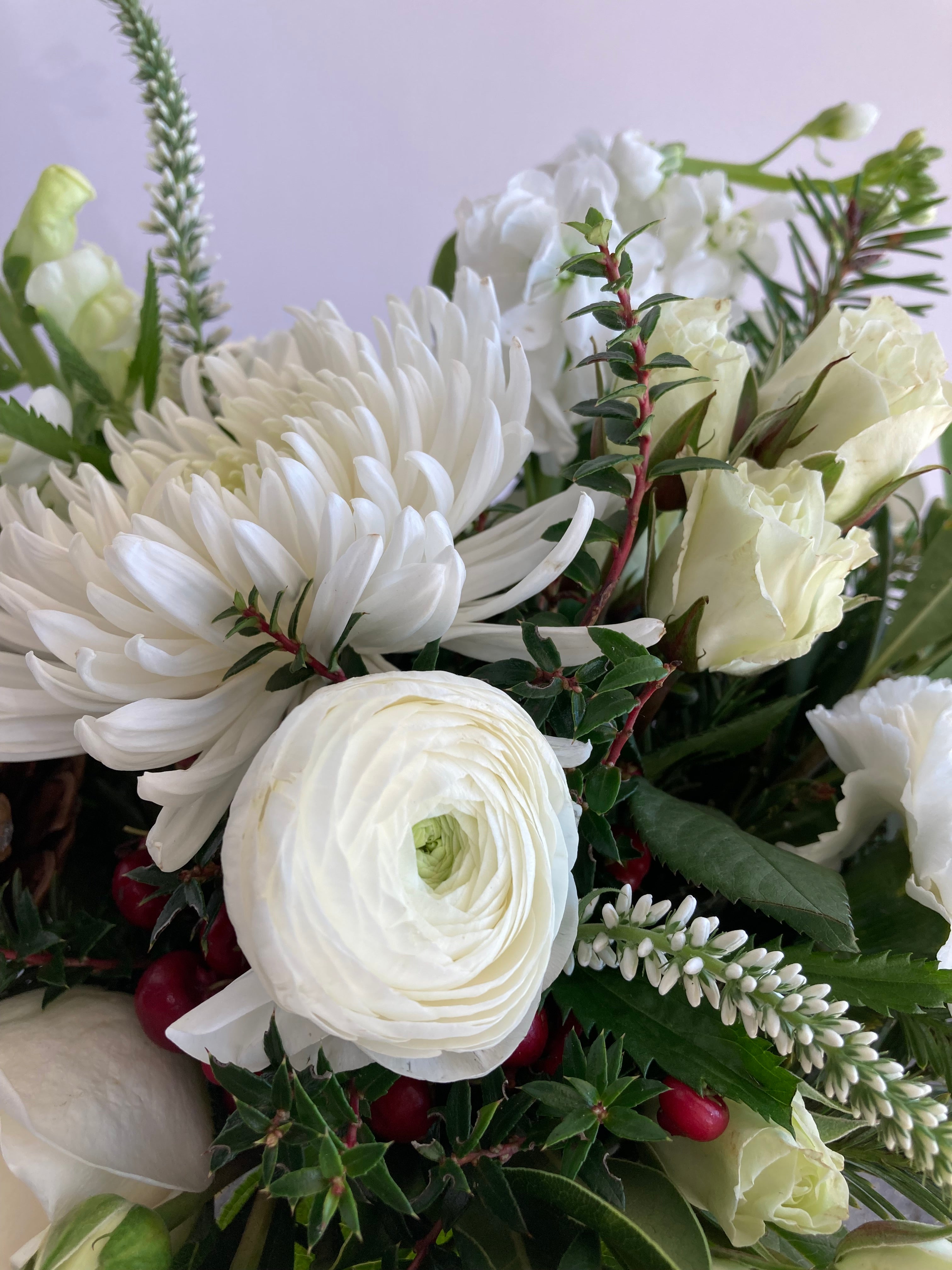 Snowdrop | Winter Seasonal Florist Design in White + Pine Cones