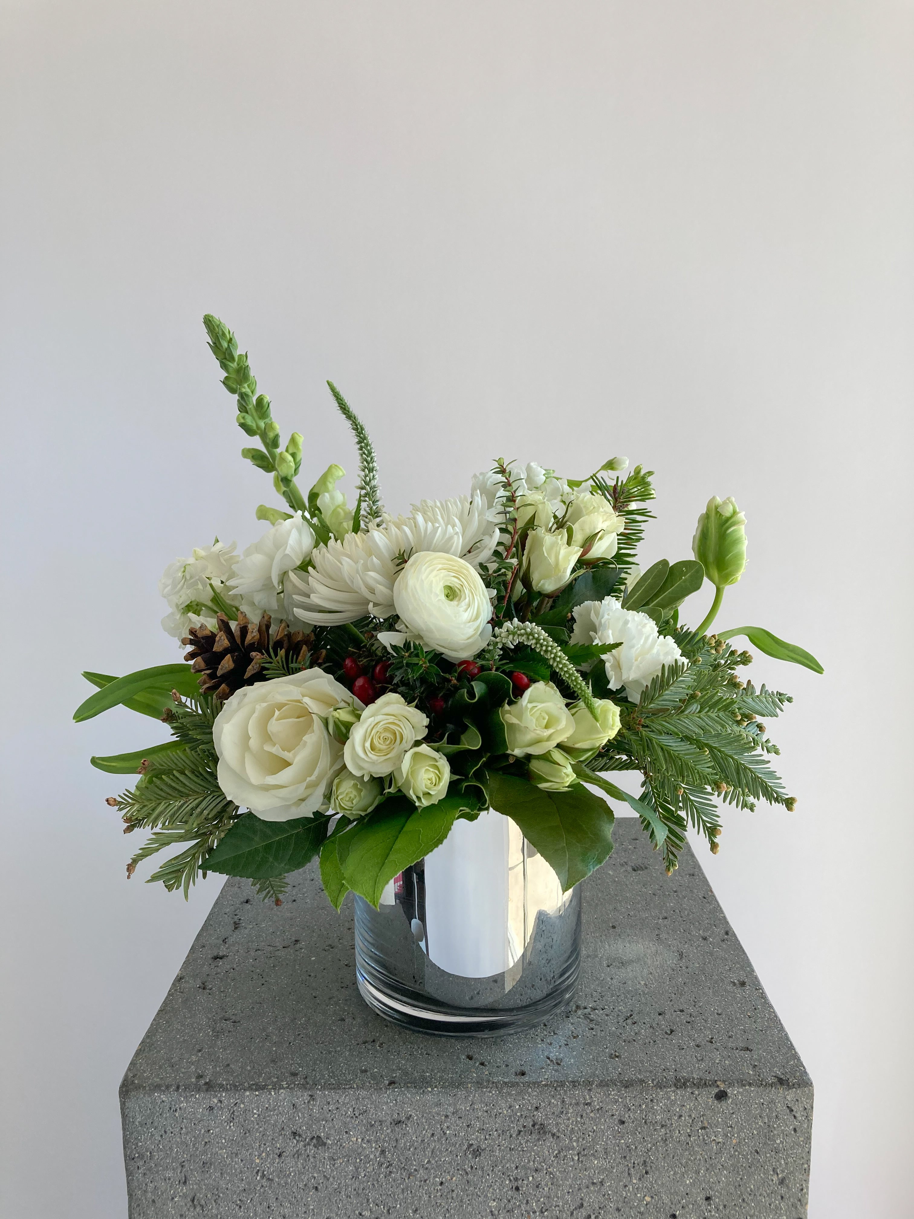 Snowdrop | Winter Seasonal Florist Design in White + Pine Cones