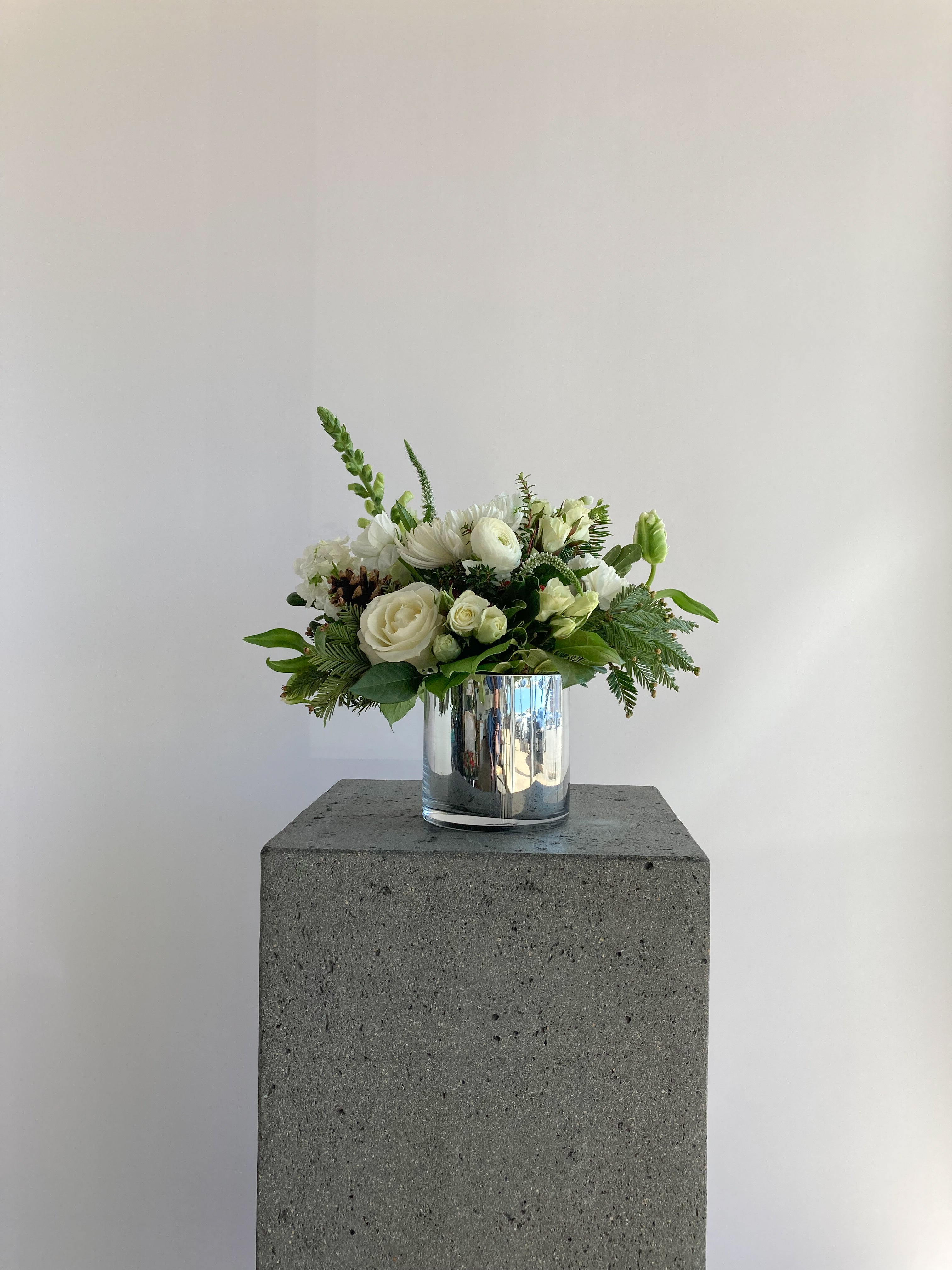 Snowdrop | Winter Seasonal Florist Design in White + Pine Cones