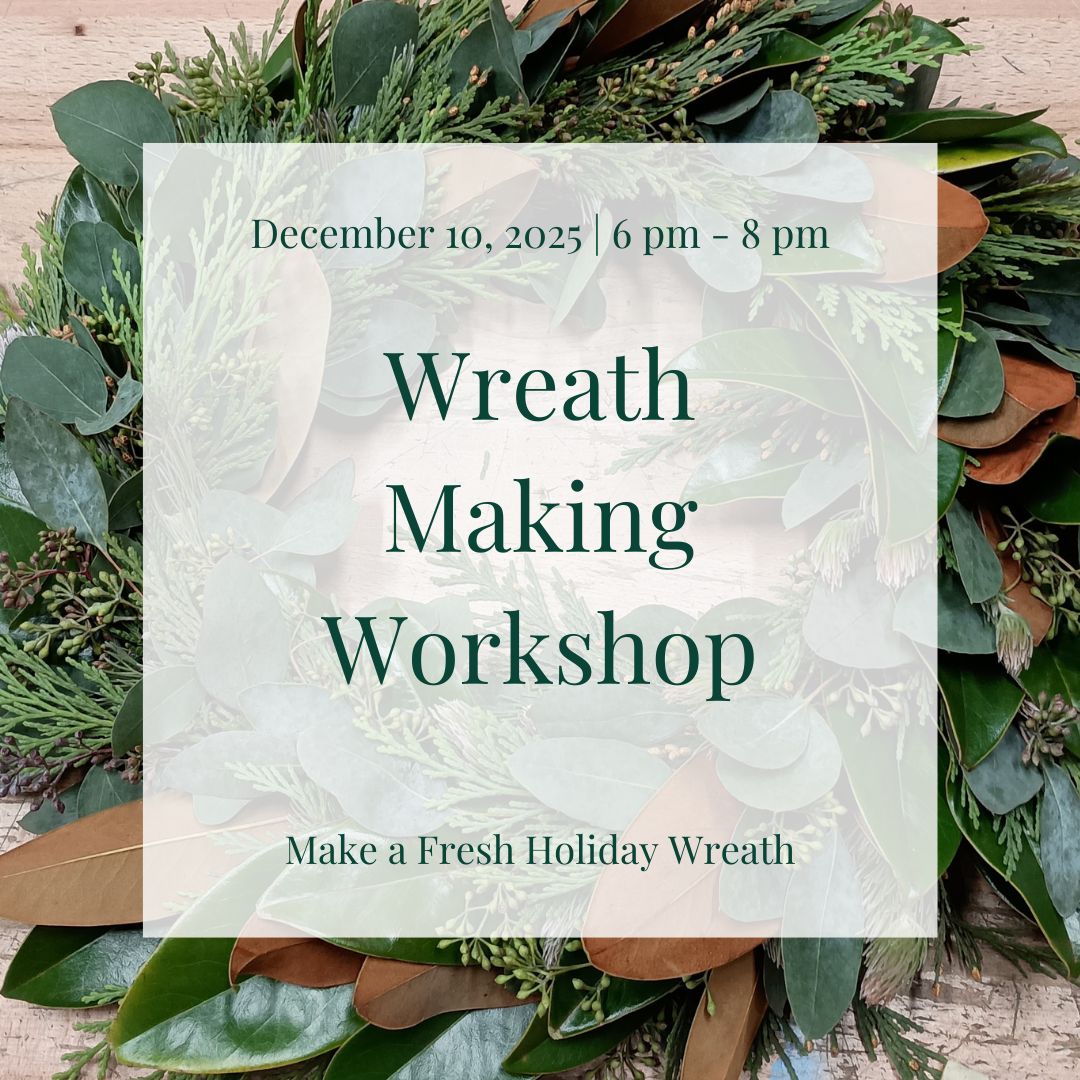 Wreath making workshop flyer with greenery background