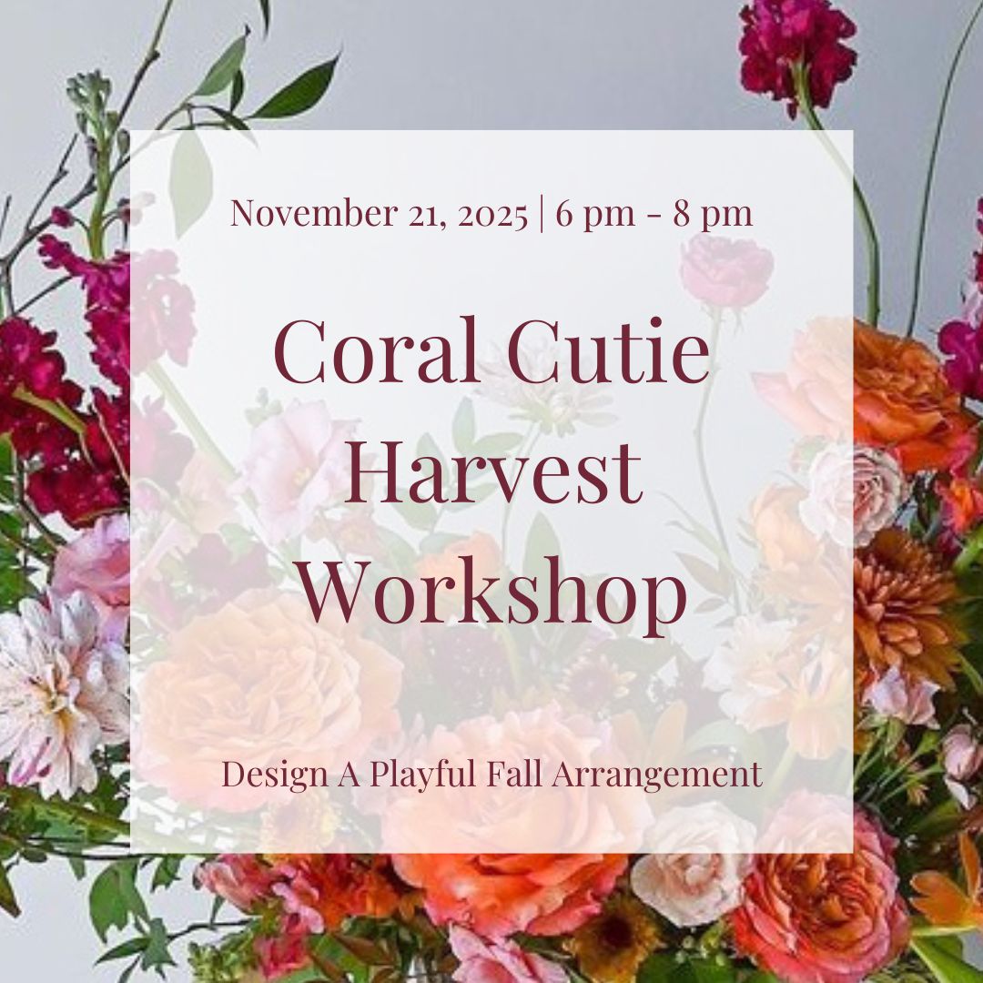 Coral Cutie Harvest Workshop floral class with bright orange, fuchsia, and coral fall flowers promotional photo