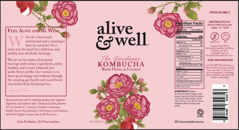 Front and back label of Alive & Well. The Gardener Rose Petal & Lychee Kombucha tea, featuring a pink background decorated with illustrations of pink roses and green leaves, alongside product text and a barcode.