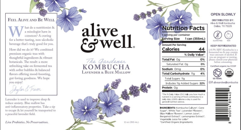 Label of 'alive & well' Kombucha with lavender and blue mallow design