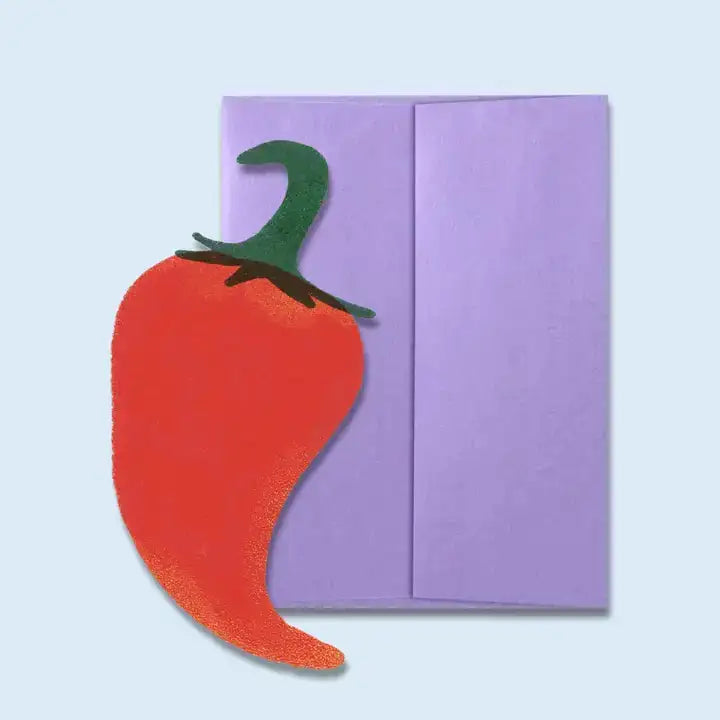 Purple envelope with a red chili pepper design on a light blue background