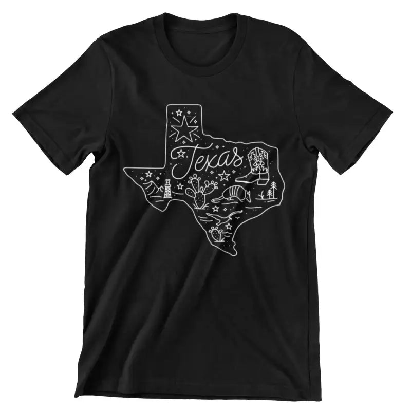 Black t-shirt with a white outline of Texas featuring icons and text on a white background