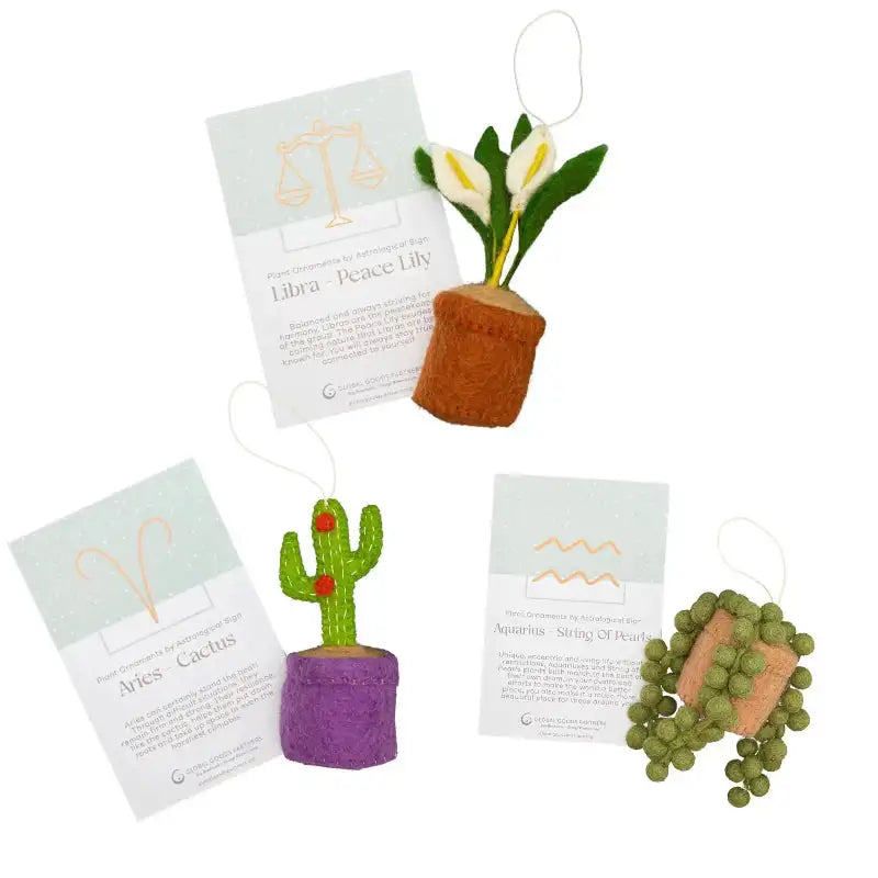 Set of three felt plant ornaments with corresponding cards on a white background
