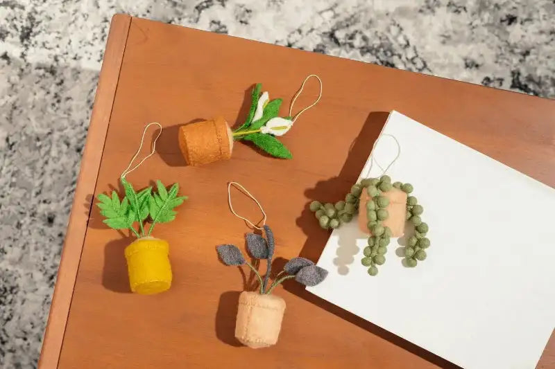 Small decorative plants on a wooden surface with a marble background