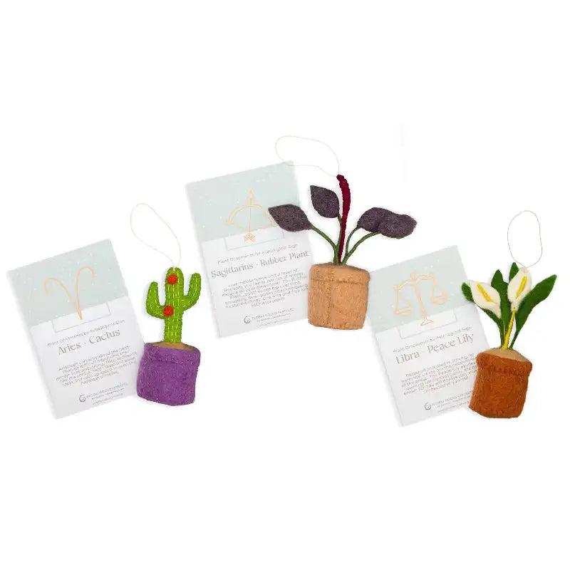 Set of felt plant decorations with cards on a white background