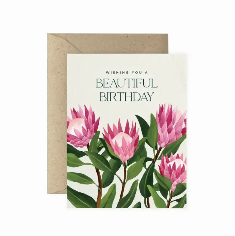 Greeting card with pink flowers and 'Wishing you a beautiful birthday' text, featuring a brown envelope.