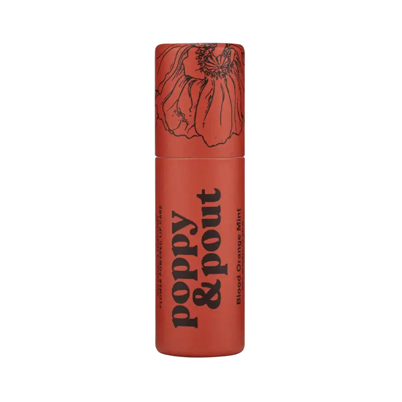 Red lipstick tube with floral design and 'Poppy & Pout' text on a white background