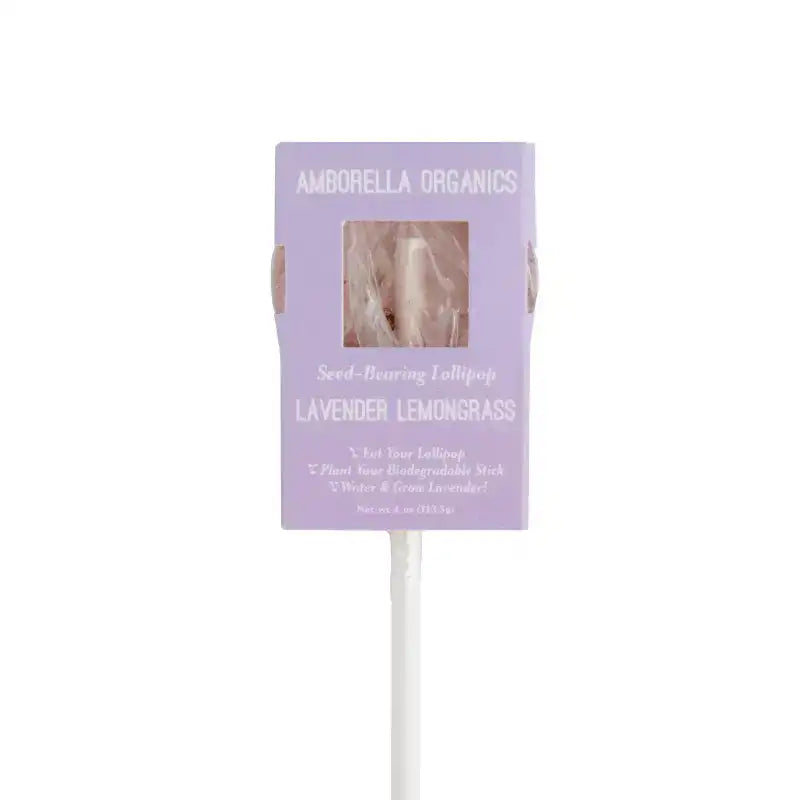 Lavender lemon grass seed-bearing lollipop with packaging on a white background