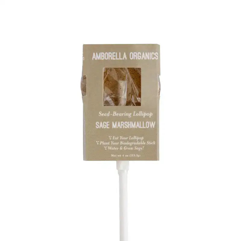 Amborella Organics Sage Marshmallow seed-bearing lollipop packaging on a white background