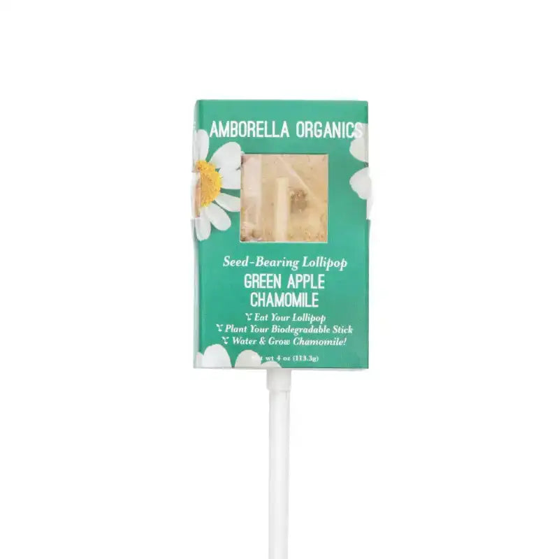 Amborella Organics seed-bearing lollipop packaging on a white background