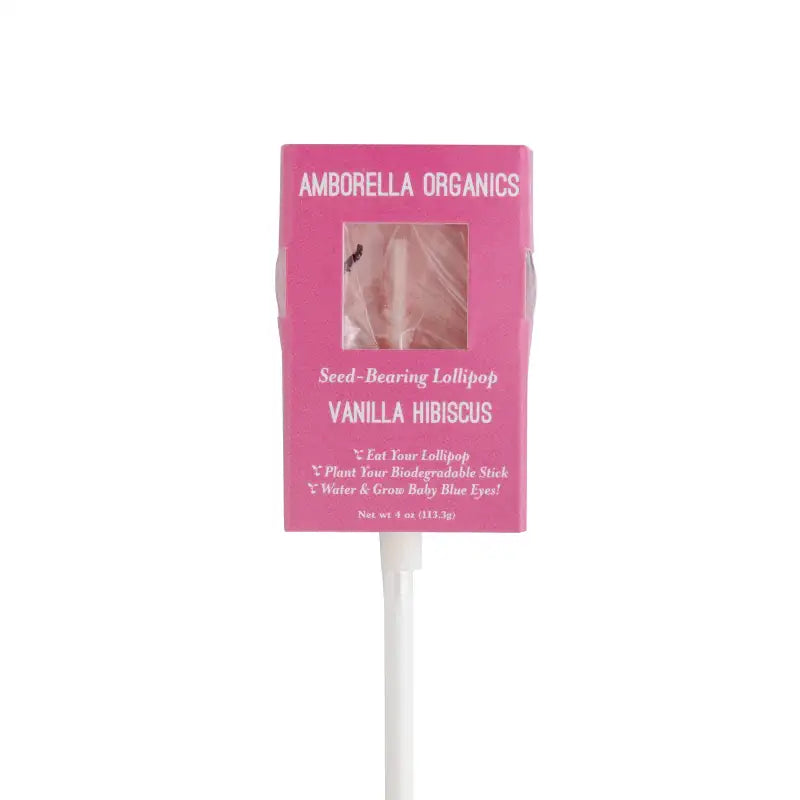 Amborella Organics Vanilla Hibiscus seed-bearing lollipop with pink packaging on a white background