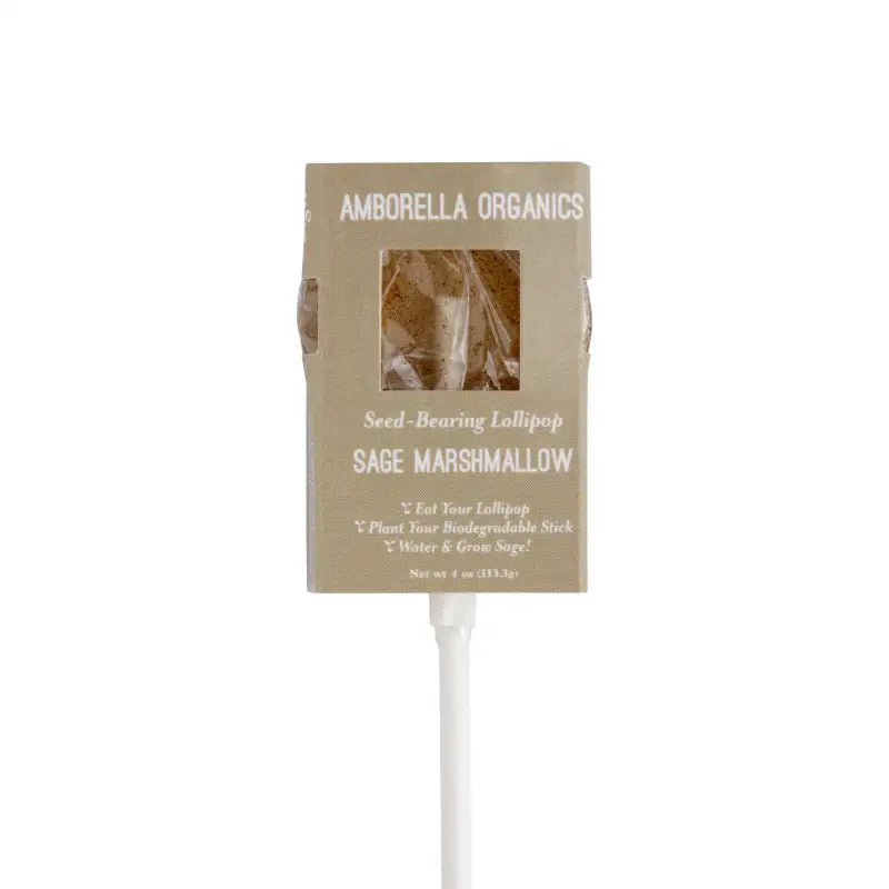 Sage marshmallow seed-bearing lollipop in Amborella Organics packaging on a white background
