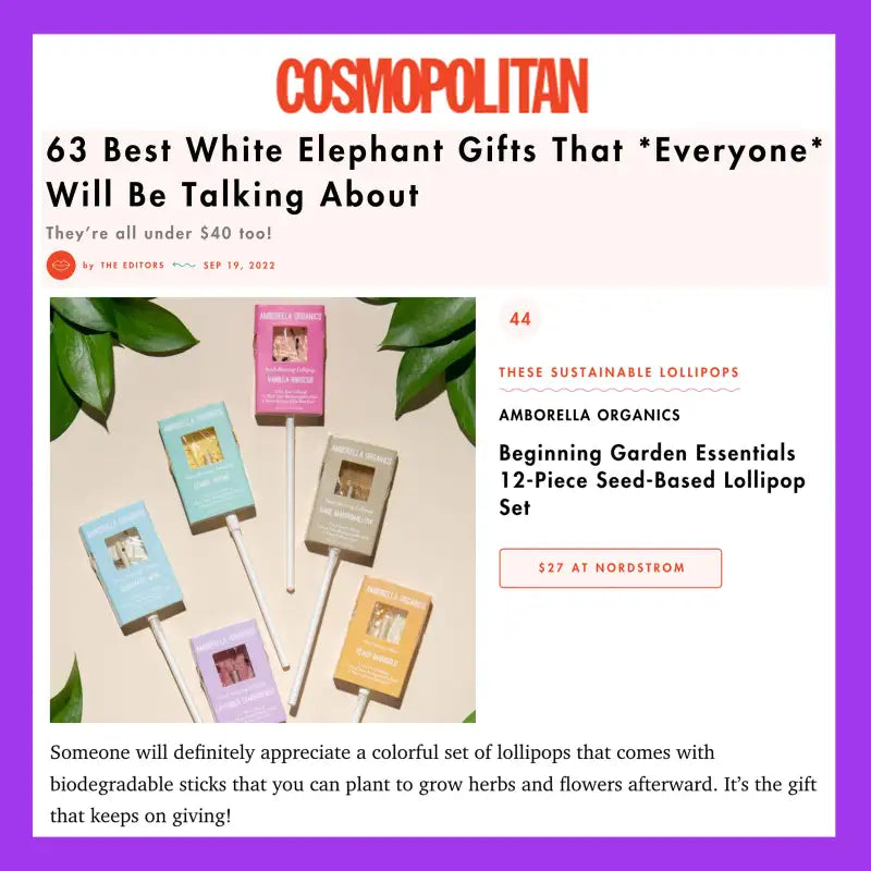 Cosmopolitan article about white elephant gifts with sustainable lollipops on a purple border.