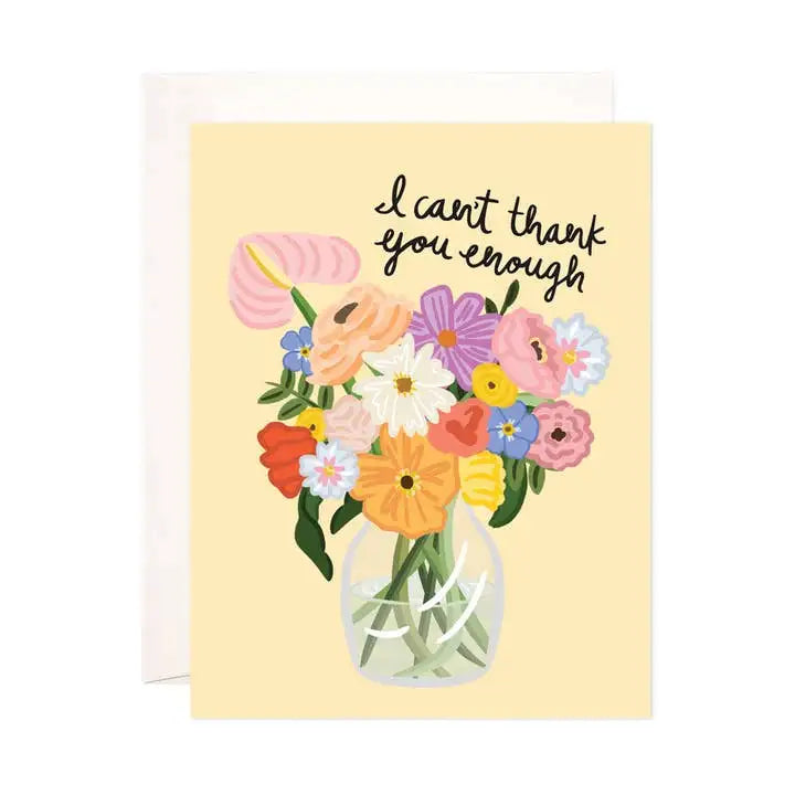 Greeting card with a bouquet of flowers and text on a yellow background