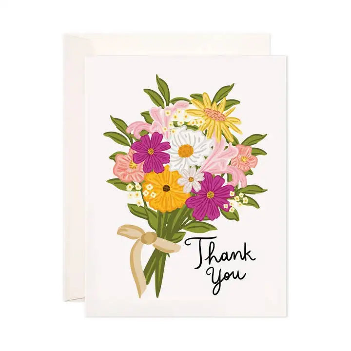 Greeting card with a bouquet of colorful flowers and 'Thank You' text on a white background