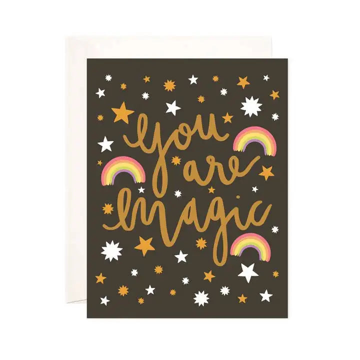 Greeting card with 'You are magic' text and rainbow illustrations on a dark background