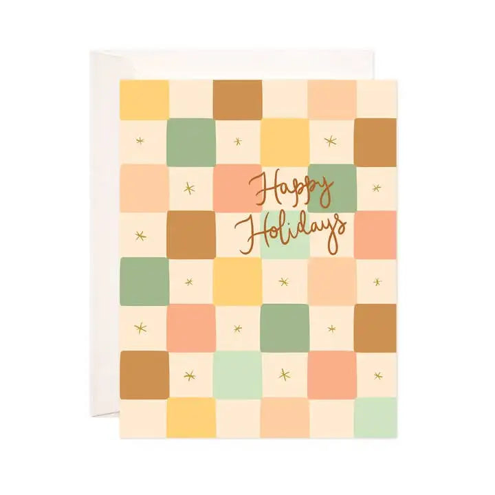 Greeting card with a checkered pattern and 'Happy Holidays' text on a white background