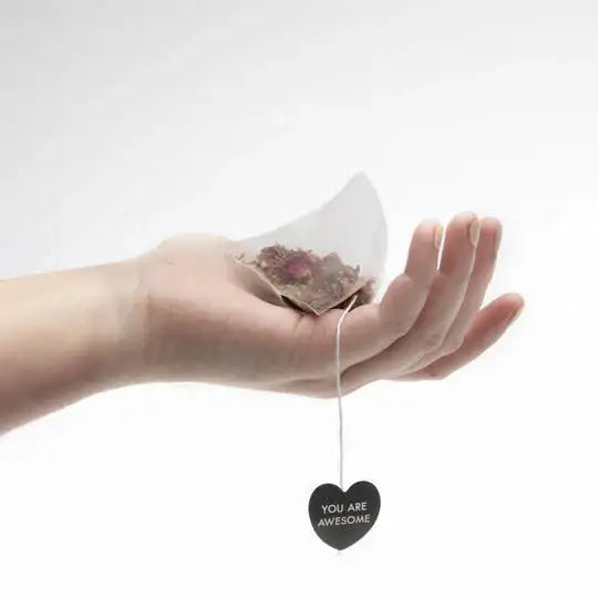 Hand holding a tea bag with a heart-shaped tag saying 'You are awesome' against a white background