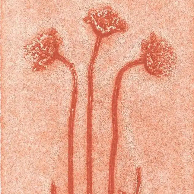 Artistic depiction of three stylized flowers on a textured orange background