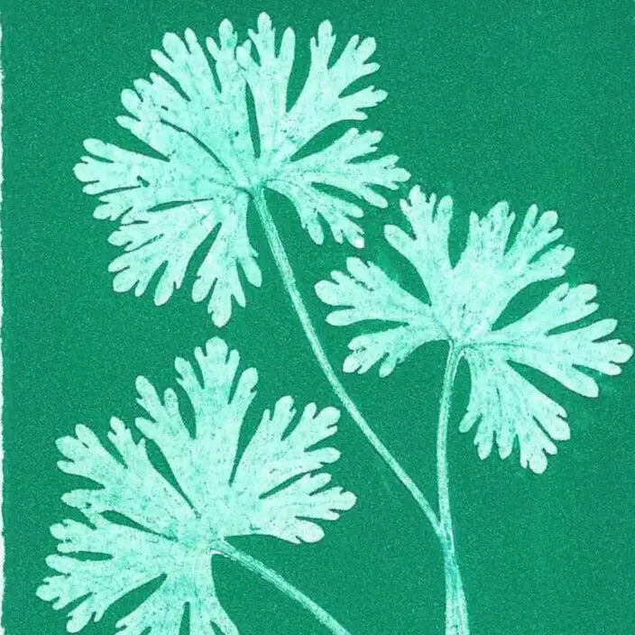 Light blue plant leaves on a green background