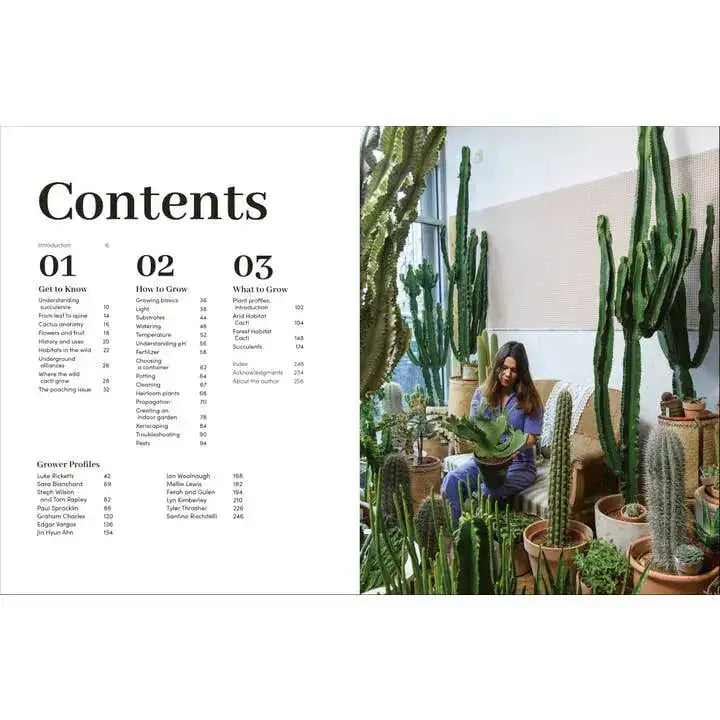 Contents page of a book or magazine with text and images of cacti and a person in a room with plants.