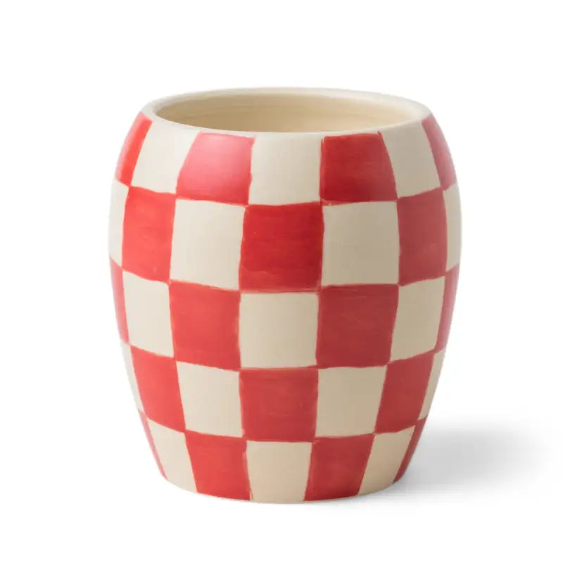 Red and white checkered ceramic pot on a white backgroundcheckmate-11-oz-candle-lizzie-bees-01