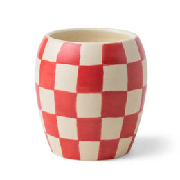 Checkerboard patterned pot on a white background