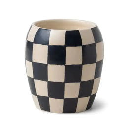 Ceramic vase with black and white checkered pattern on a white background