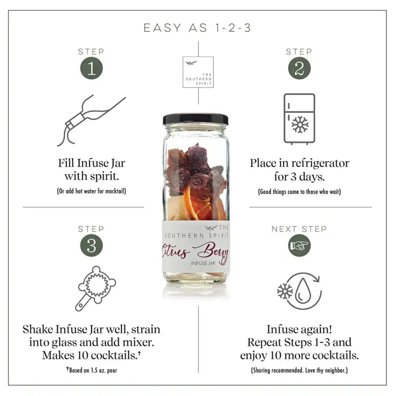 Instructions for using a 'The Southern Spirit' infusion jar with step-by-step illustrations and text.