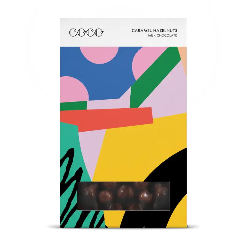 Chocolate packaging with colorful abstract design and visible chocolates inside