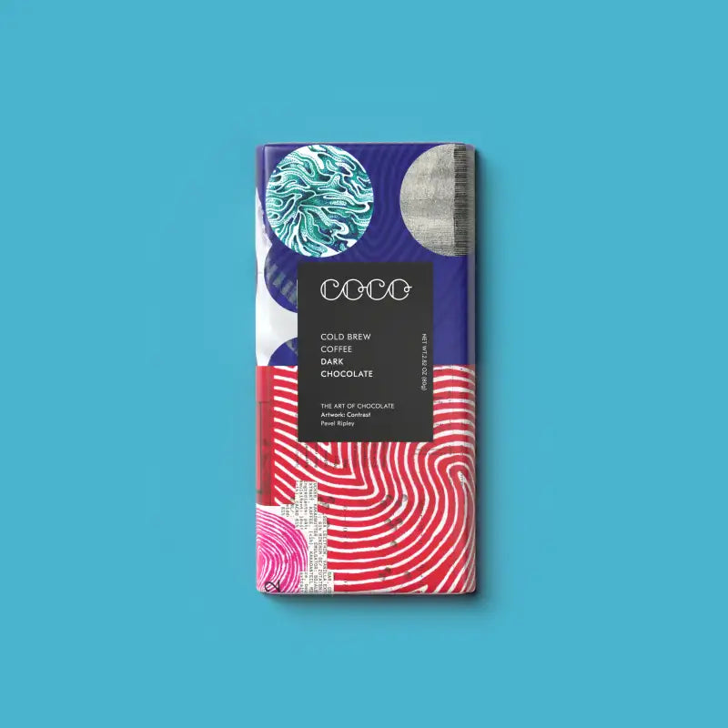 Chocolate bar with colorful packaging on a blue background
