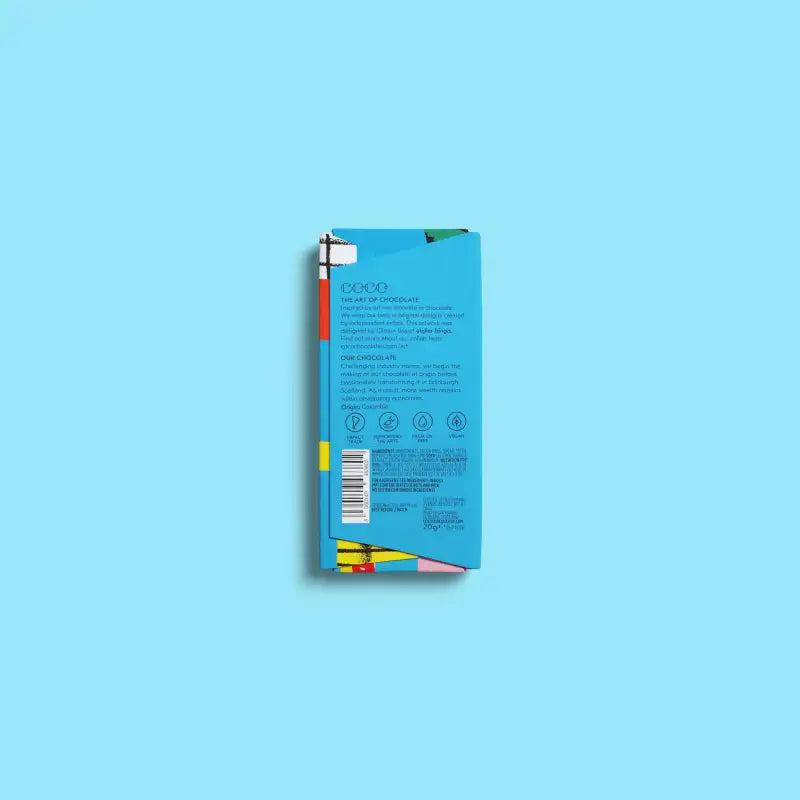 Product packaging with colorful design on a blue background