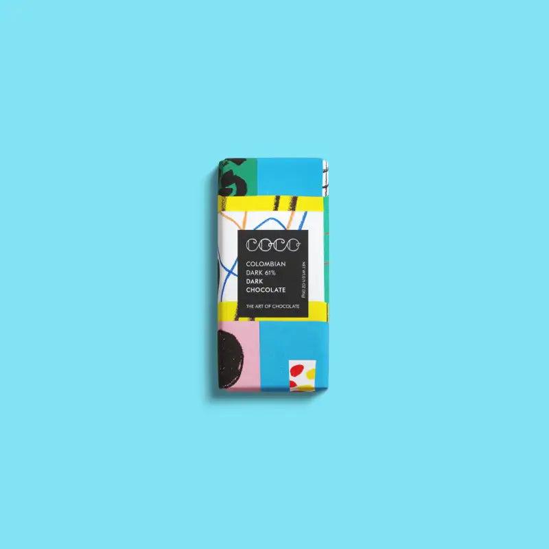 Colorful chocolate bar packaging with 'evo' branding on a blue background